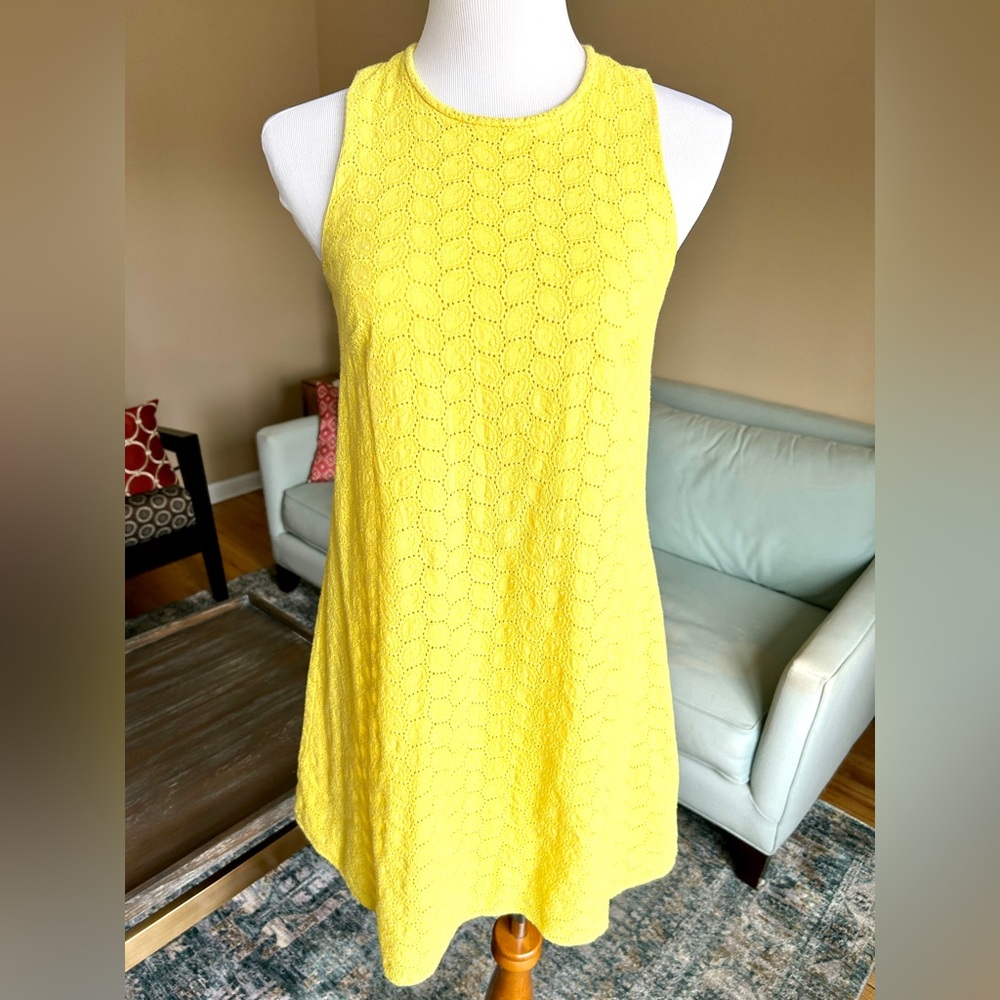 Calvin Klein Lemon Yellow Eyelet Cotton Shift Mini Dress Size 6